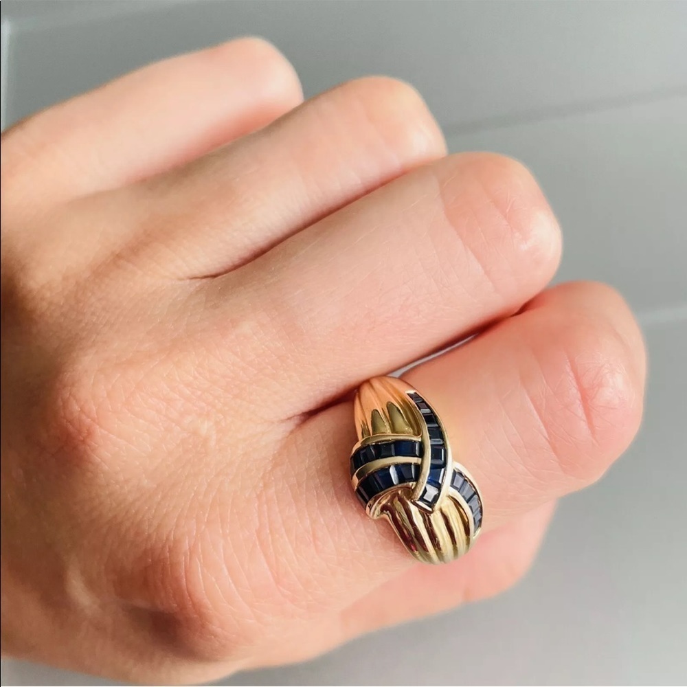 Vintage 14k Gold Genuine Sapphire Criss Cross Ribbon Dome Ring SIZE 9 - Picture 4 of 15